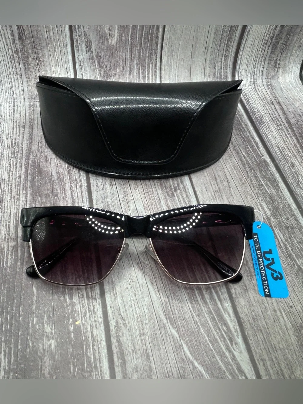 NWT UV3 Browline Clubmaster Sunglasses Black with Hard Case